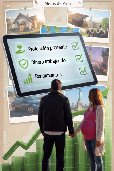 Pareja visualizando su mapa de metas de vida, protección presente y rendimiento de ahorro para el retiro en México.