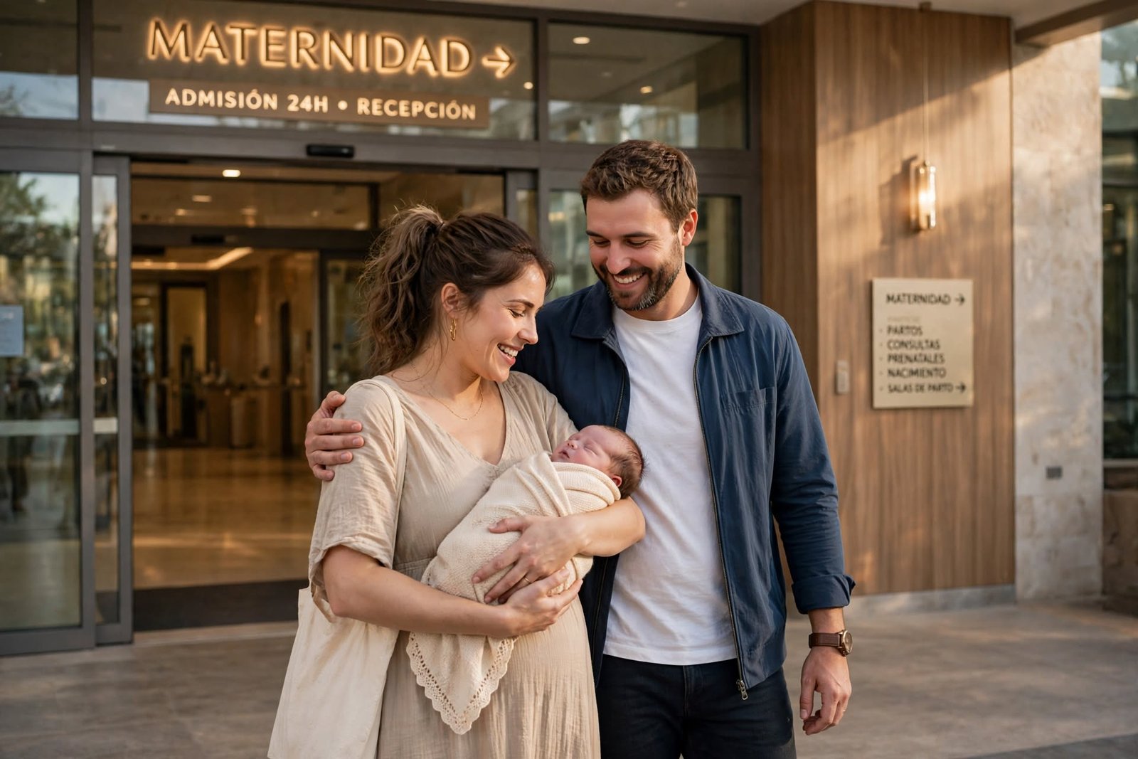 Pareja saliendo tranquilamente de maternidad.