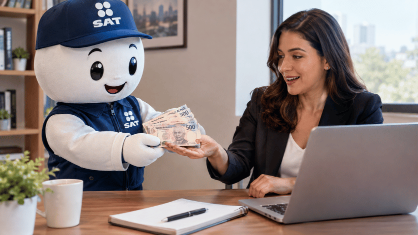 Mujer sonriente recibiendo su devolución de impuestos del SAT gracias a un plan personal de retiro con beneficios fiscales en México.