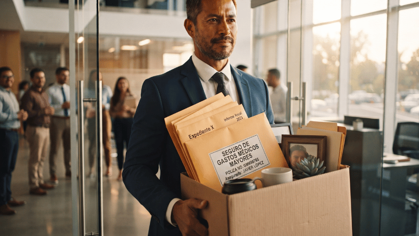 Profesional saliendo de una oficina con su caja de pertenencias, representando la continuidad de su seguro de gastos médicos mayores tras terminar la relación laboral.