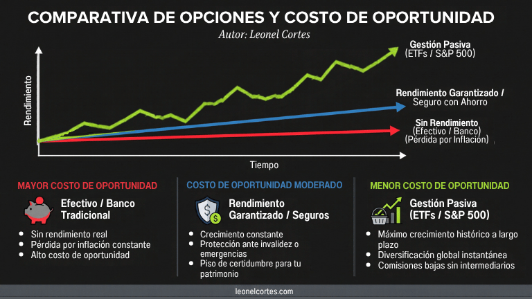 Infografía comparativa de opciones de inversión y costo de oportunidad entre efectivo, seguros con ahorro y ETFs en México