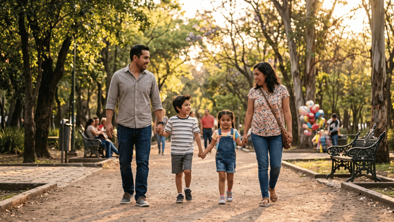 Familia de cuatro integrantes caminando sonrientes en un parque arbolado, simbolizando la protección del patrimonio familiar.